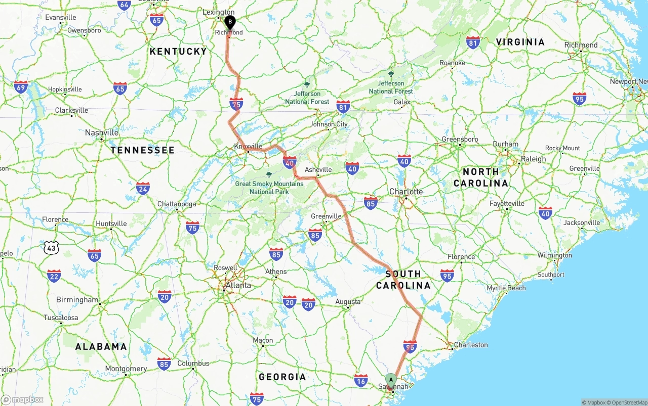 Shipping route from Port of Savannah to Kentucky