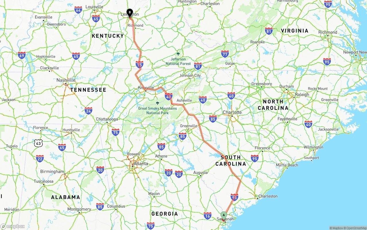 Shipping route from Port of Savannah to Lexington