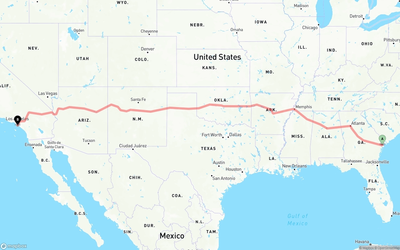 Shipping route from Port of Savannah to Long Beach
