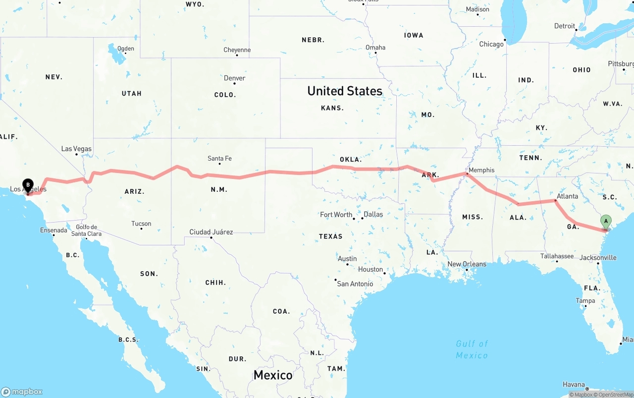 Shipping route from Port of Savannah to Los Angeles