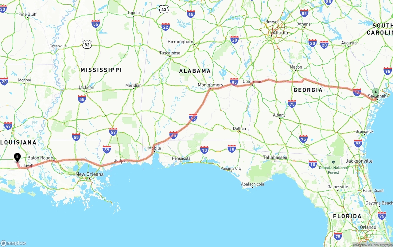 Shipping route from Port of Savannah to Louisiana