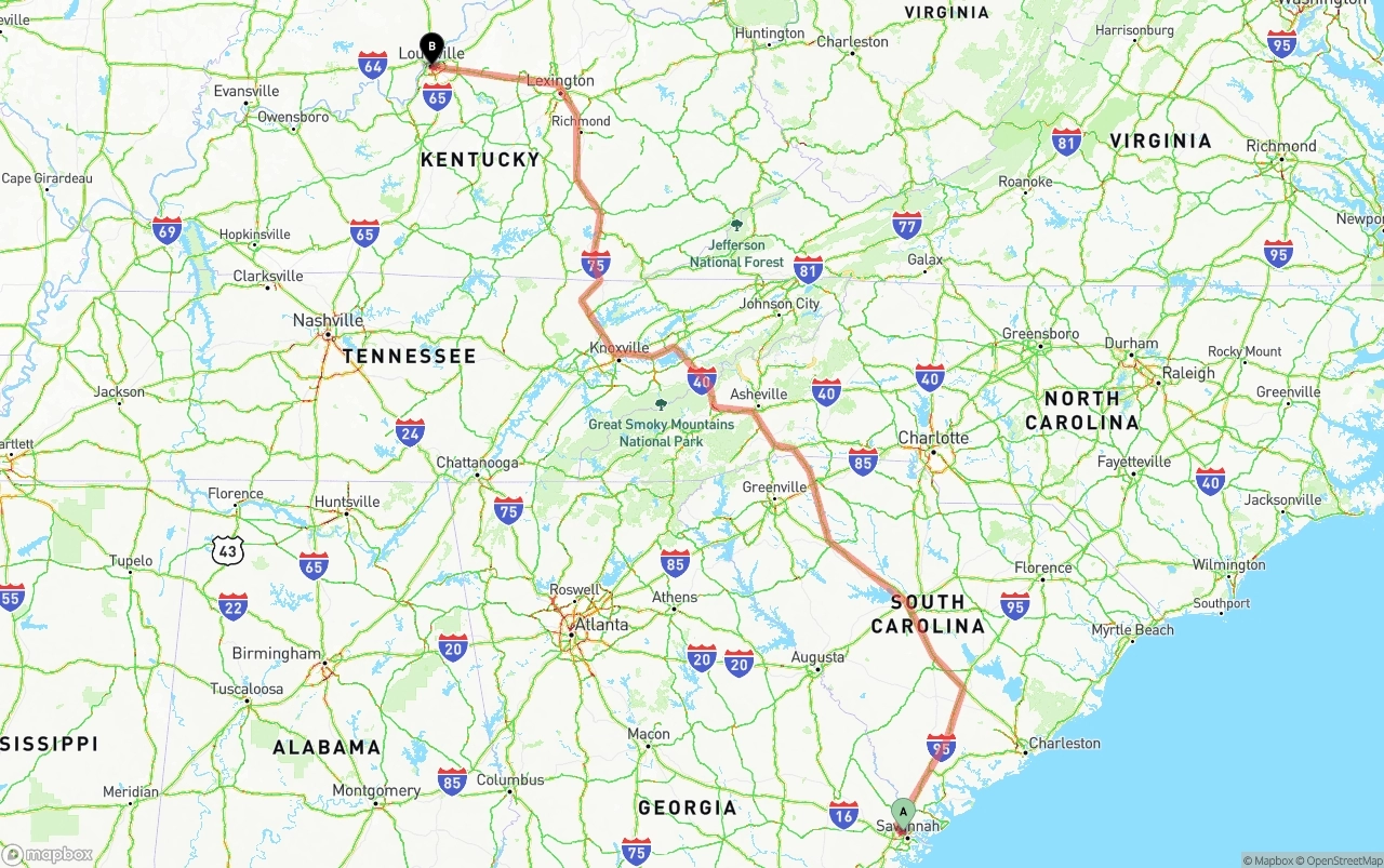 Shipping route from Port of Savannah to Louisville