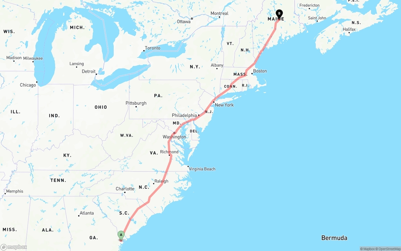 Shipping route from Port of Savannah to Maine