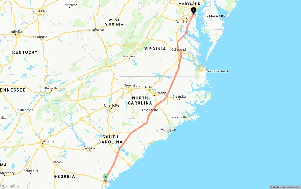 Shipping route from Port of Savannah to Maryland