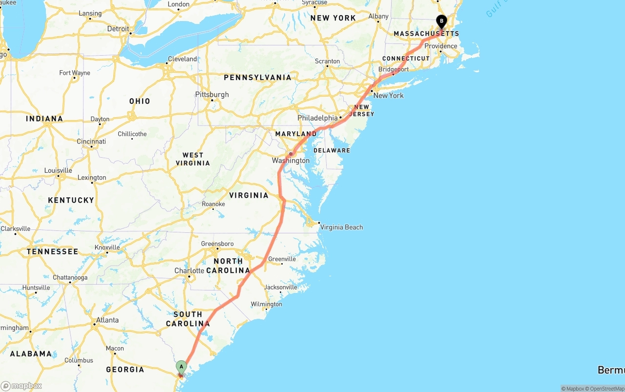Shipping route from Port of Savannah to Massachusetts