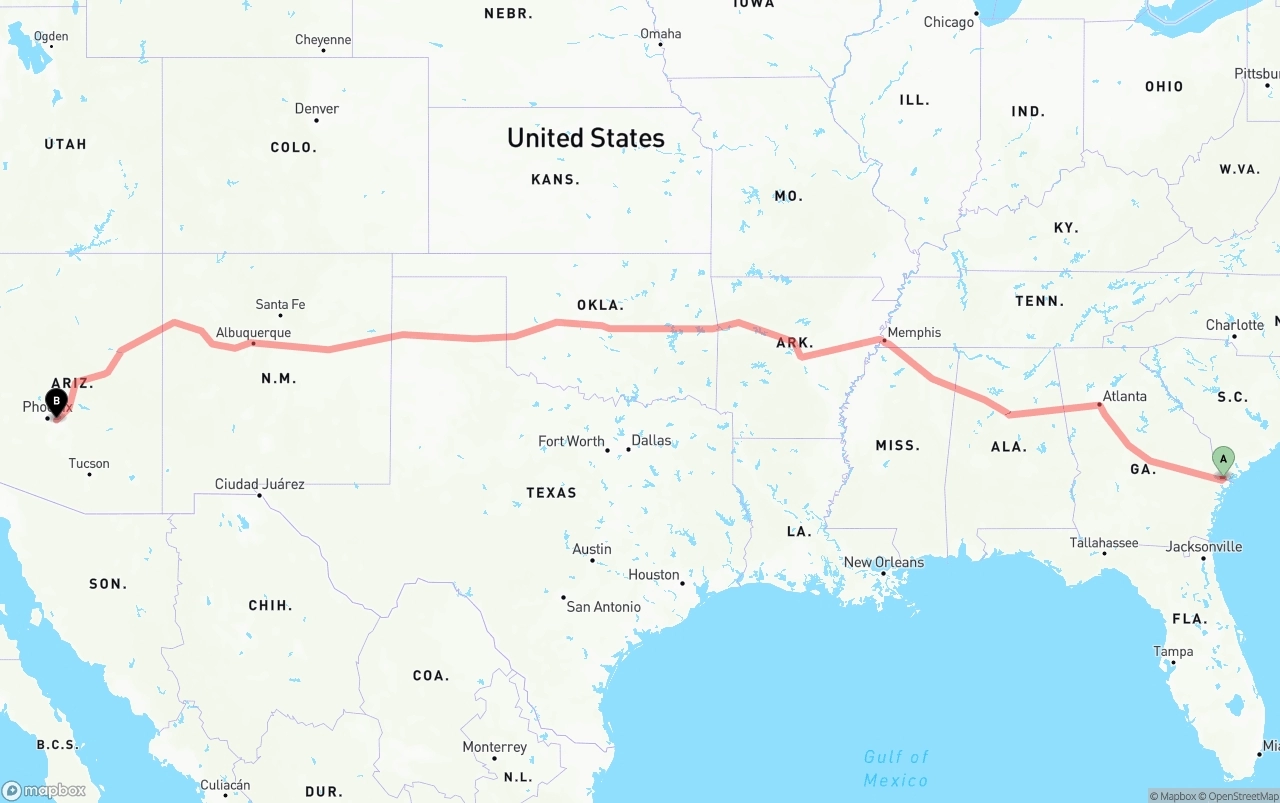 Shipping route from Port of Savannah to Mesa