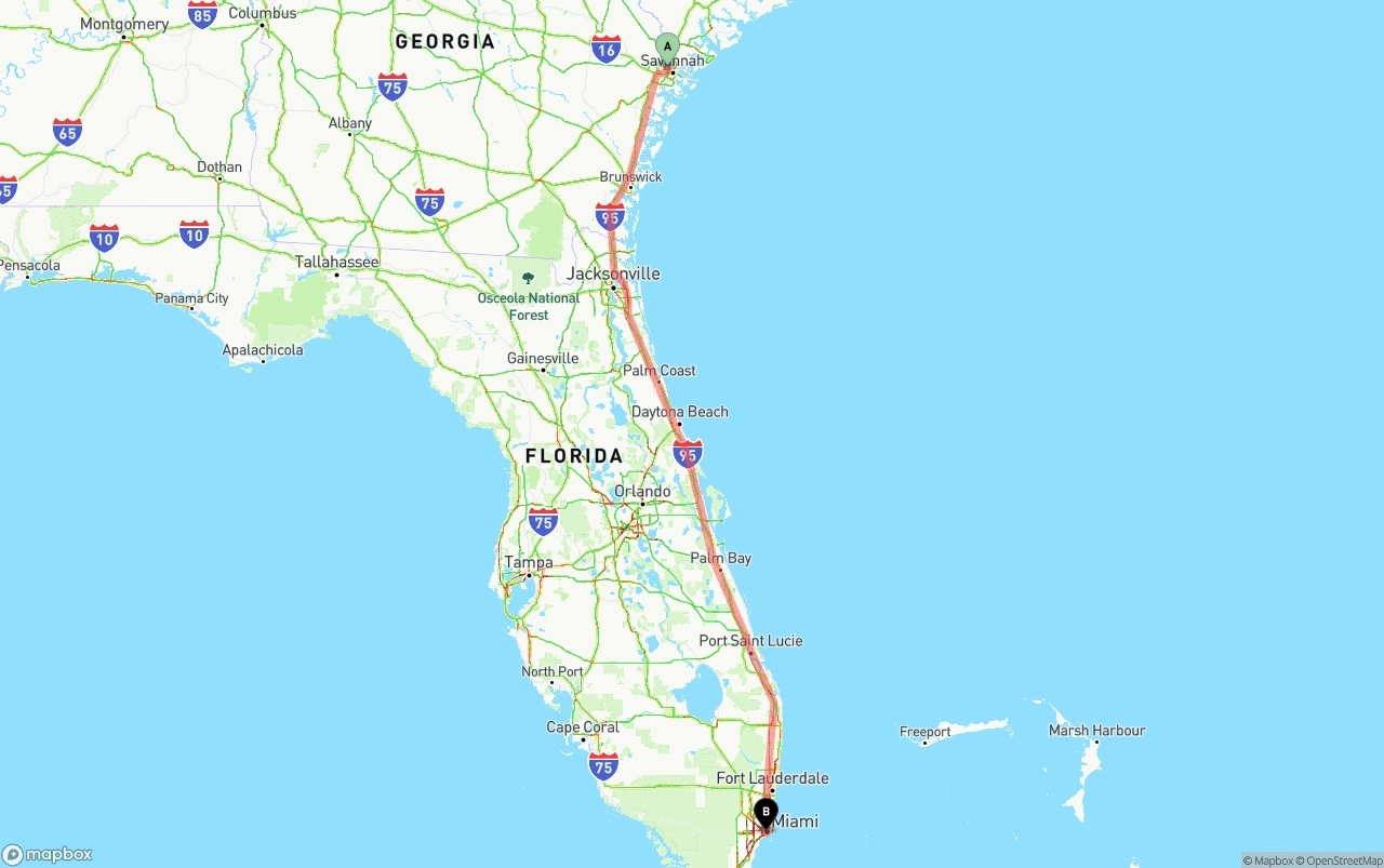 Shipping route from Port of Savannah to Miami