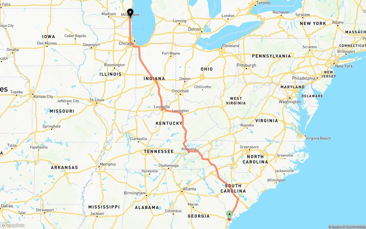 Shipping route from Port of Savannah to Milwaukee