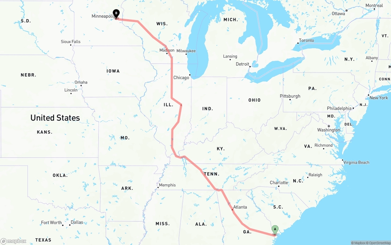 Shipping route from Port of Savannah to Minneapolis