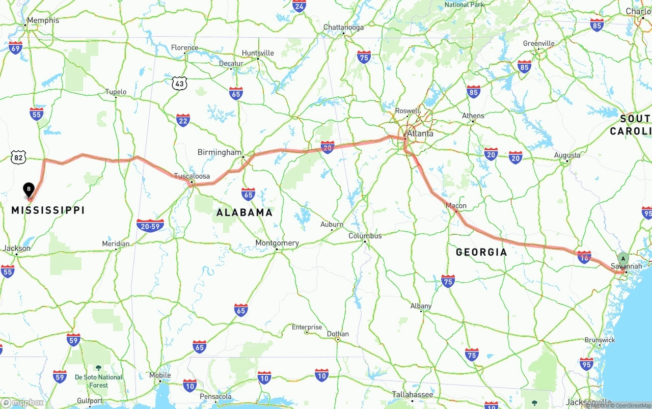 Shipping route from Port of Savannah to Mississippi