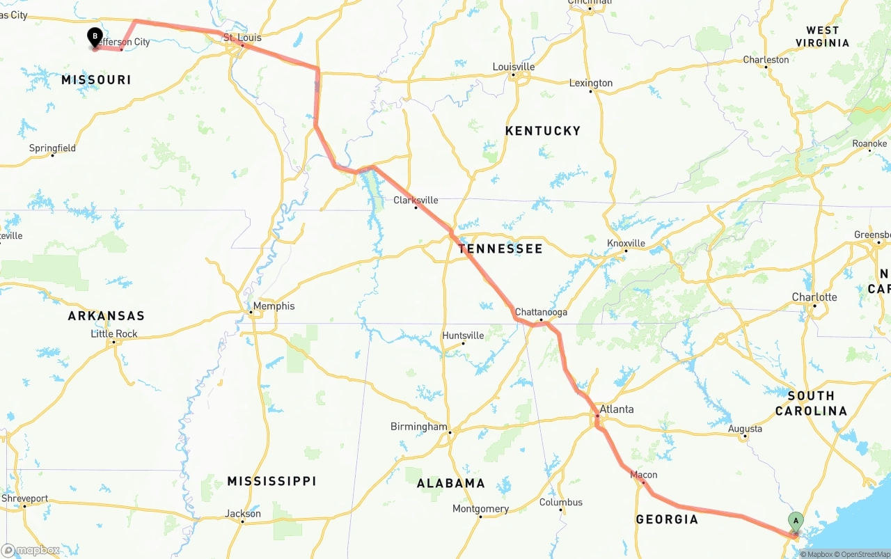 Shipping route from Port of Savannah to Missouri