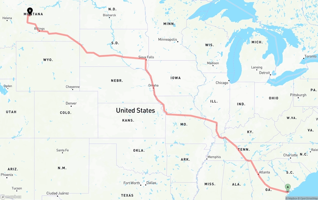 Shipping route from Port of Savannah to Montana