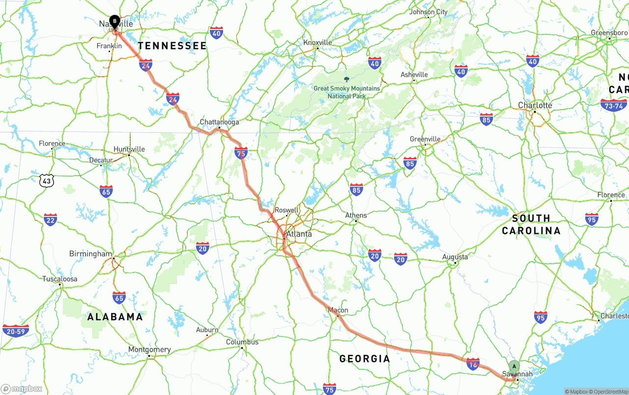 Shipping route from Port of Savannah to Nashville