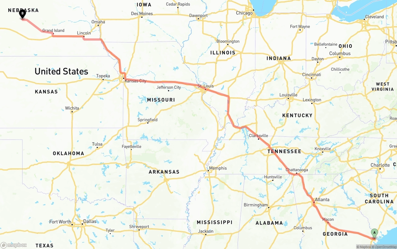 Shipping route from Port of Savannah to Nebraska