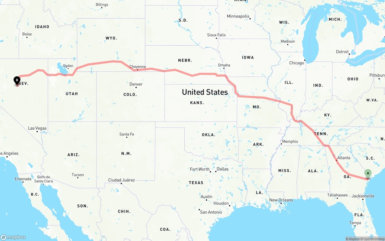 Shipping route from Port of Savannah to Nevada