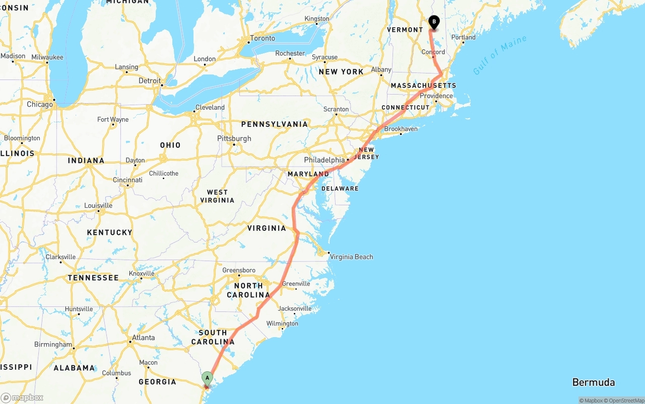 Shipping route from Port of Savannah to New Hampshire