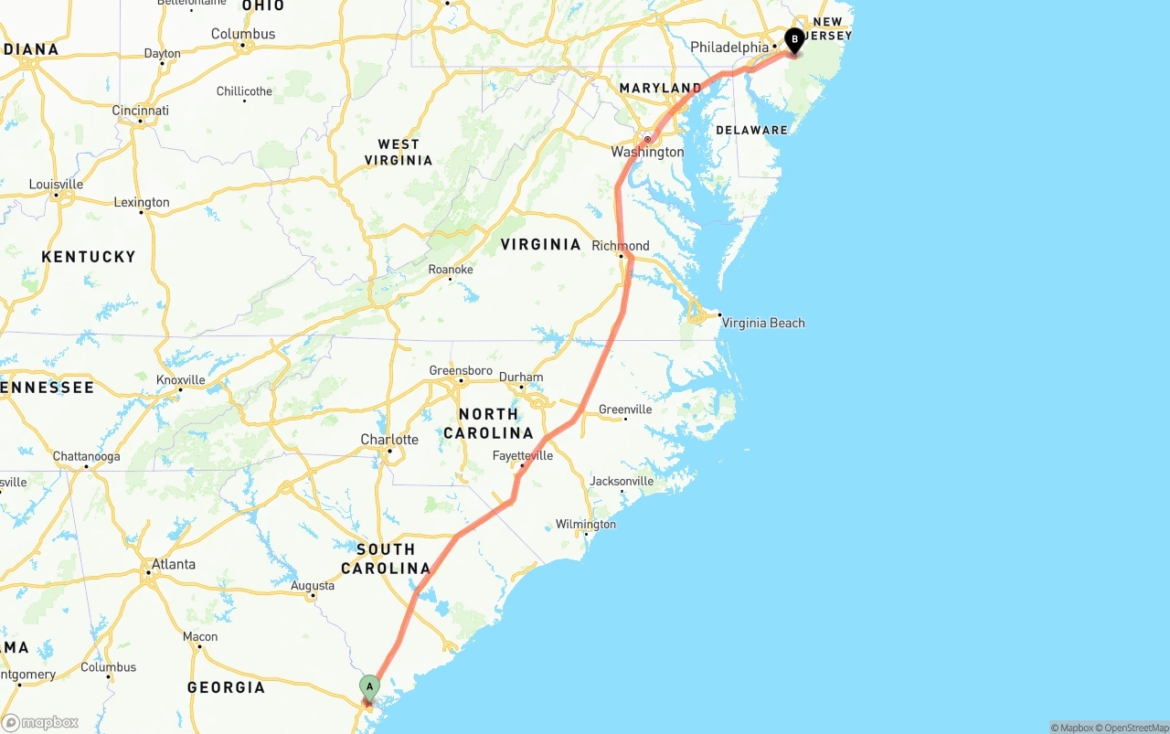Shipping route from Port of Savannah to New Jersey