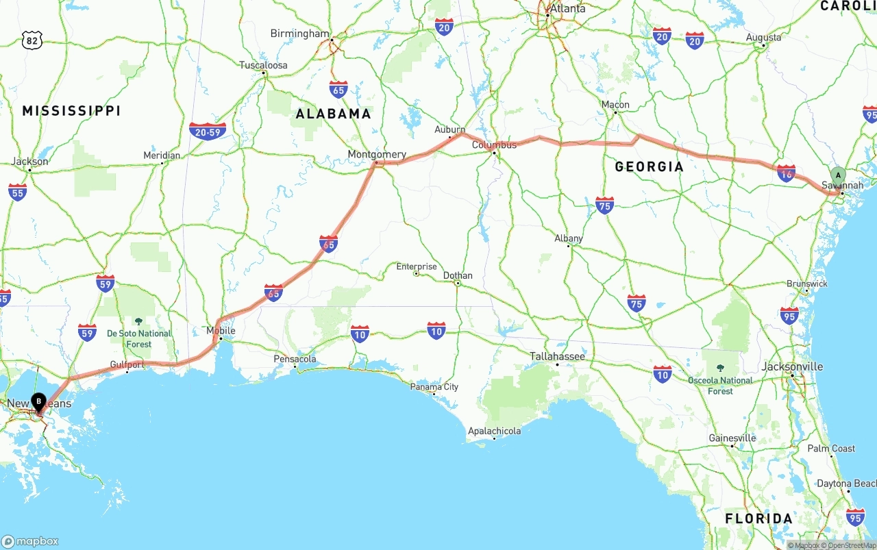 Shipping route from Port of Savannah to New Orleans