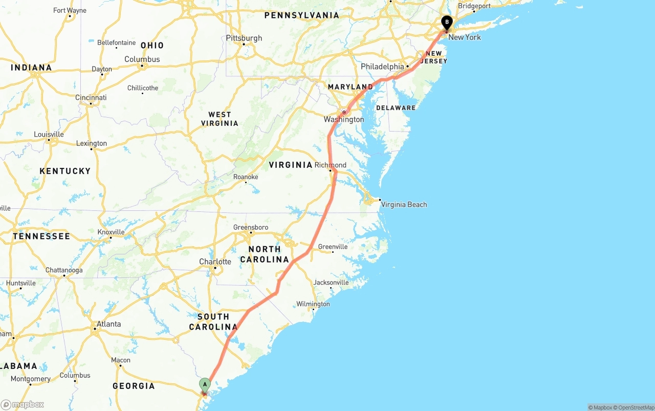 Shipping route from Port of Savannah to New York City