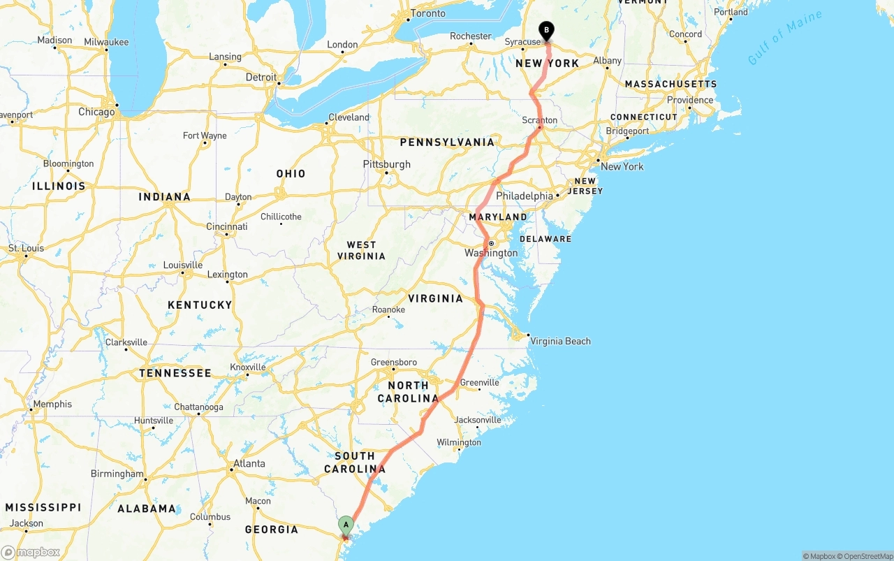 Shipping route from Port of Savannah to New York