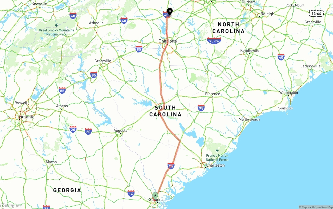 Shipping route from Port of Savannah to North Carolina
