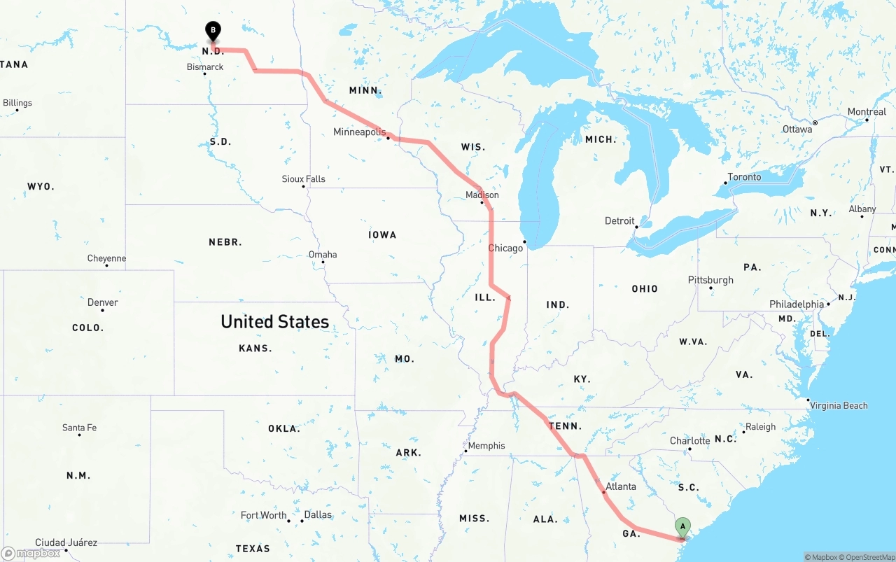 Shipping route from Port of Savannah to North Dakota