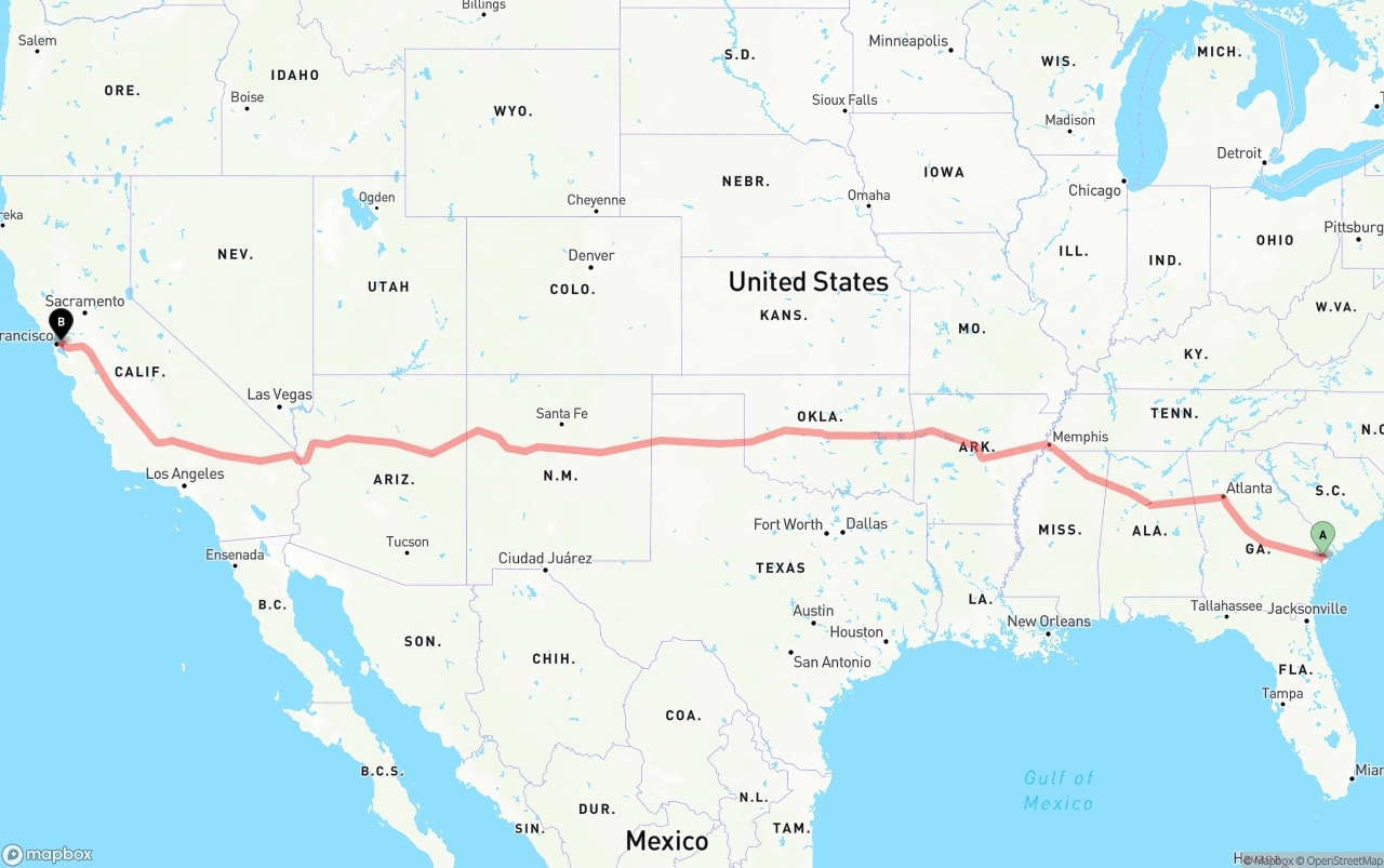 Shipping route from Port of Savannah to Oakland