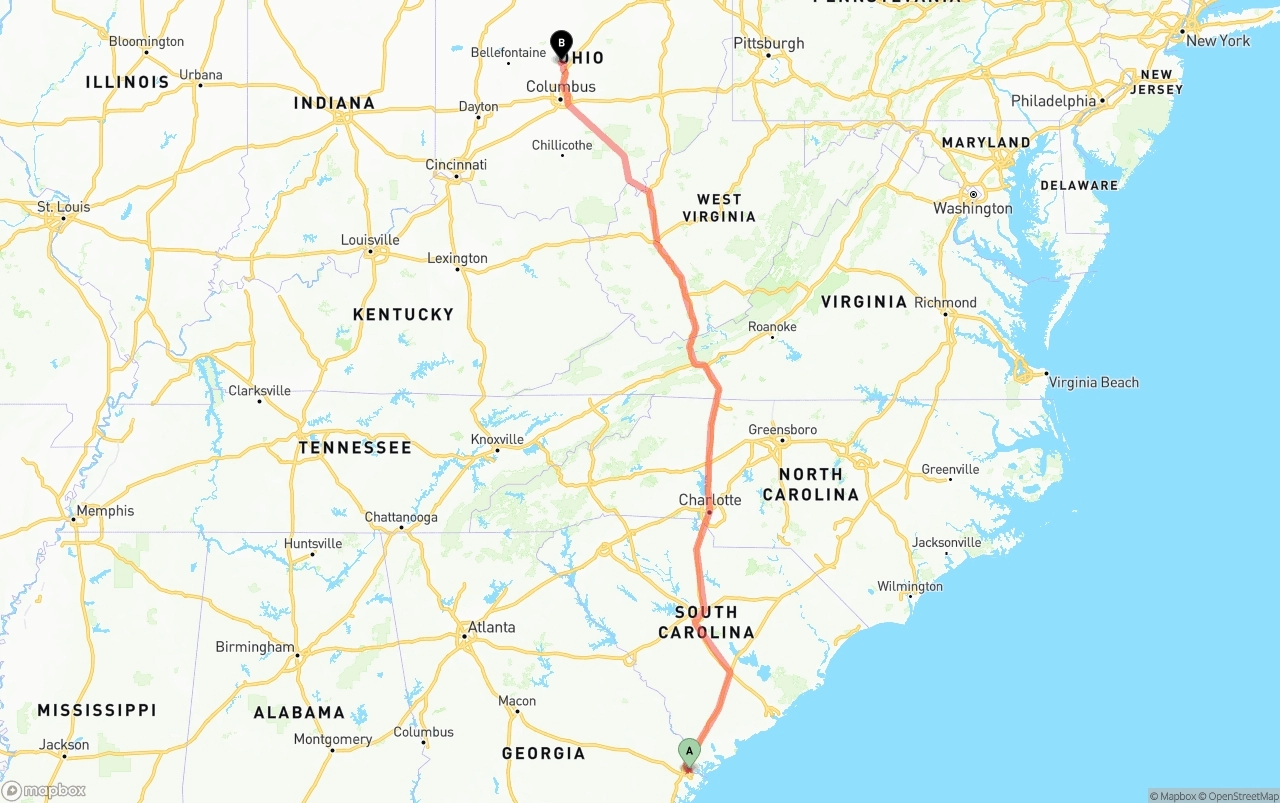 Shipping route from Port of Savannah to Ohio