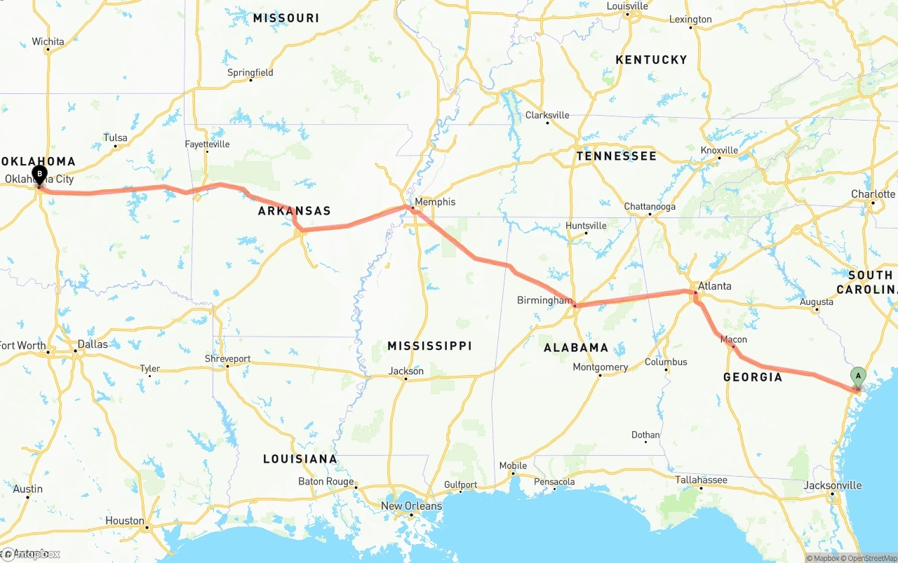 Shipping route from Port of Savannah to Oklahoma City