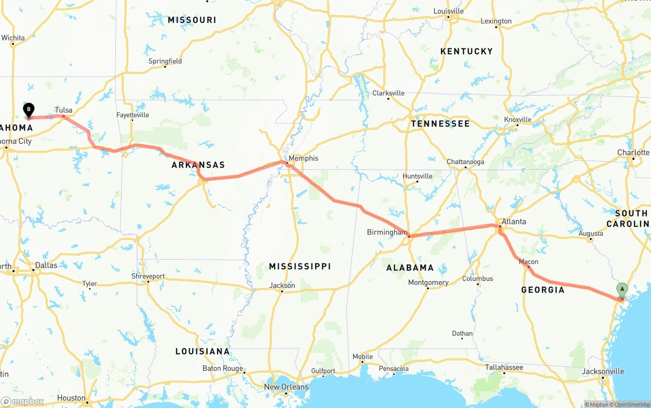 Shipping route from Port of Savannah to Oklahoma
