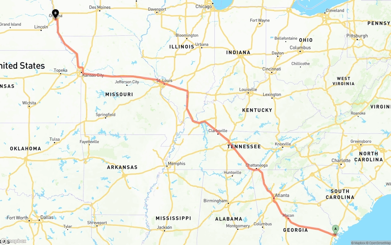 Shipping route from Port of Savannah to Omaha