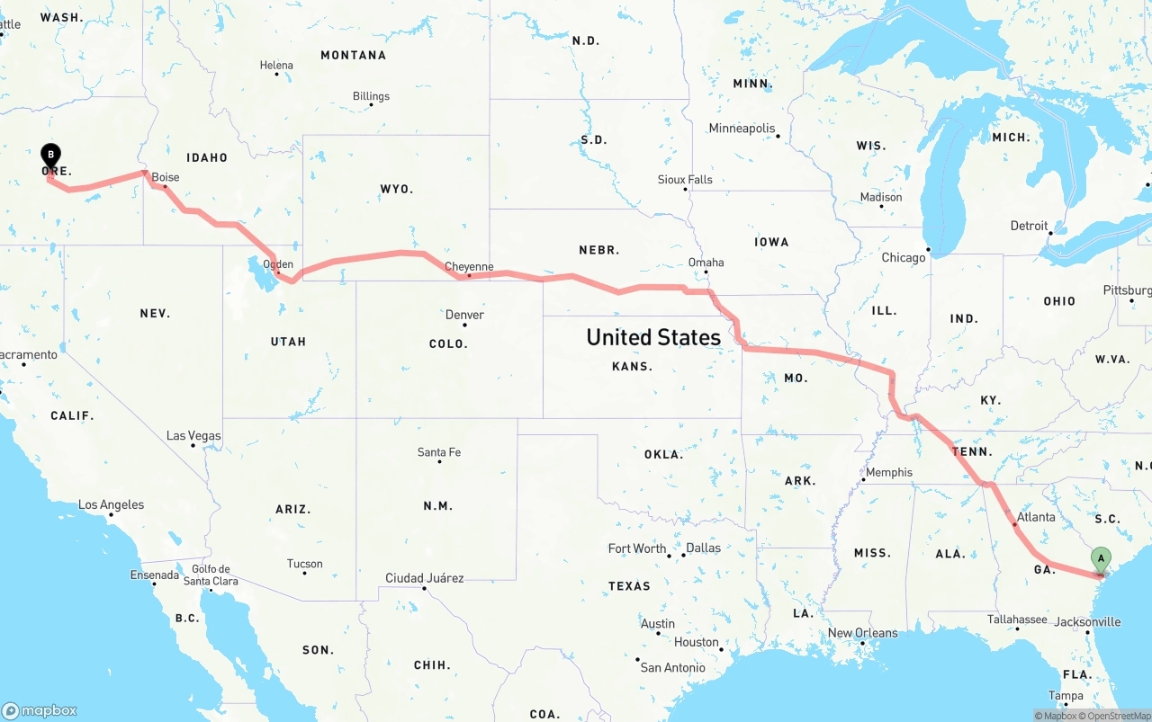 Shipping route from Port of Savannah to Oregon