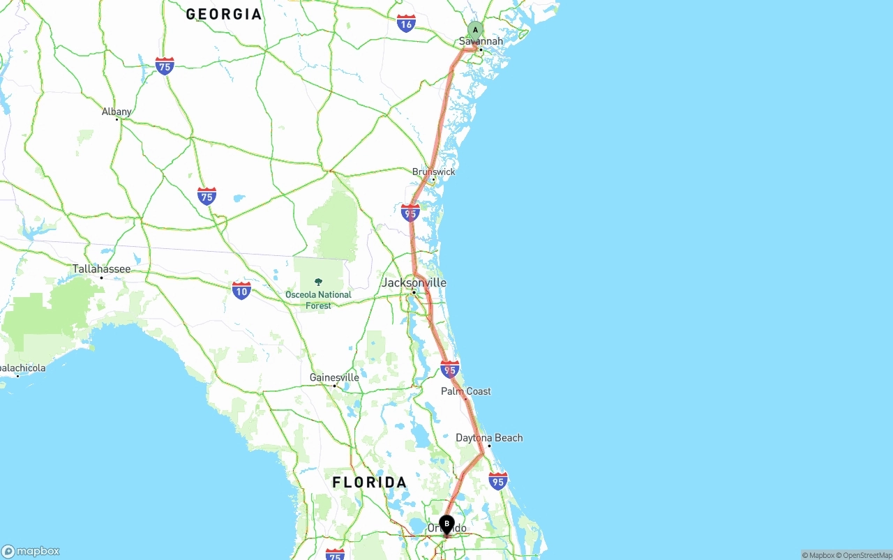 Shipping route from Port of Savannah to Orlando