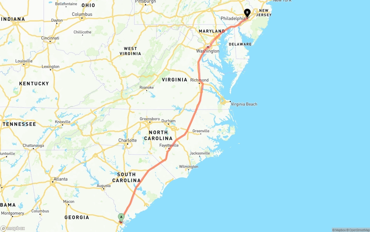 Shipping route from Port of Savannah to Philadelphia