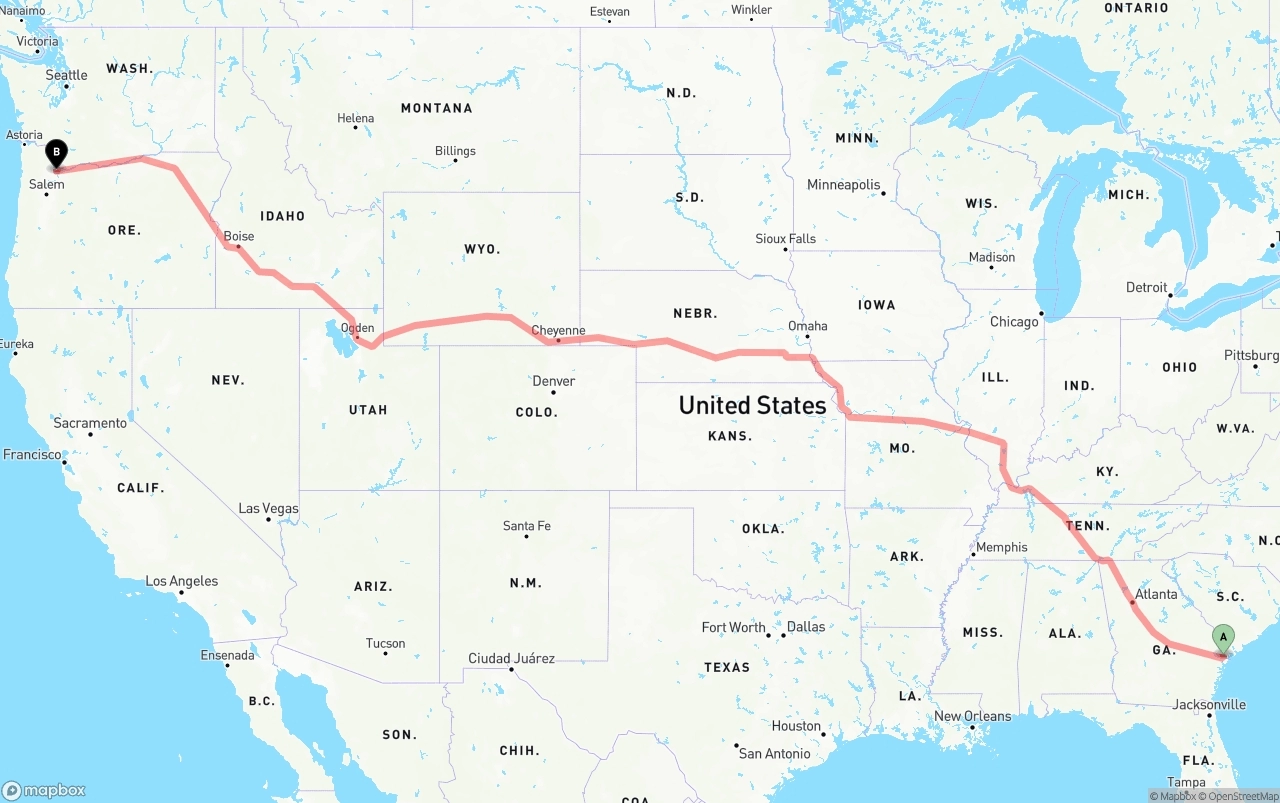 Shipping route from Port of Savannah to Portland