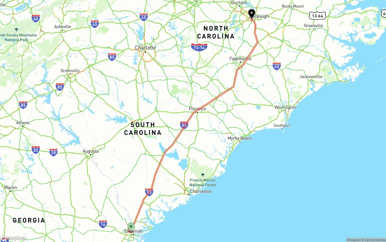Shipping route from Port of Savannah to Raleigh