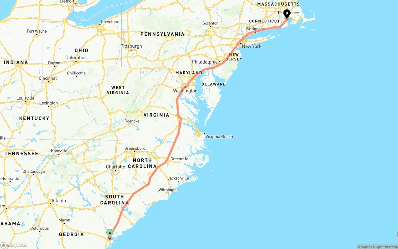 Shipping route from Port of Savannah to Rhode Island
