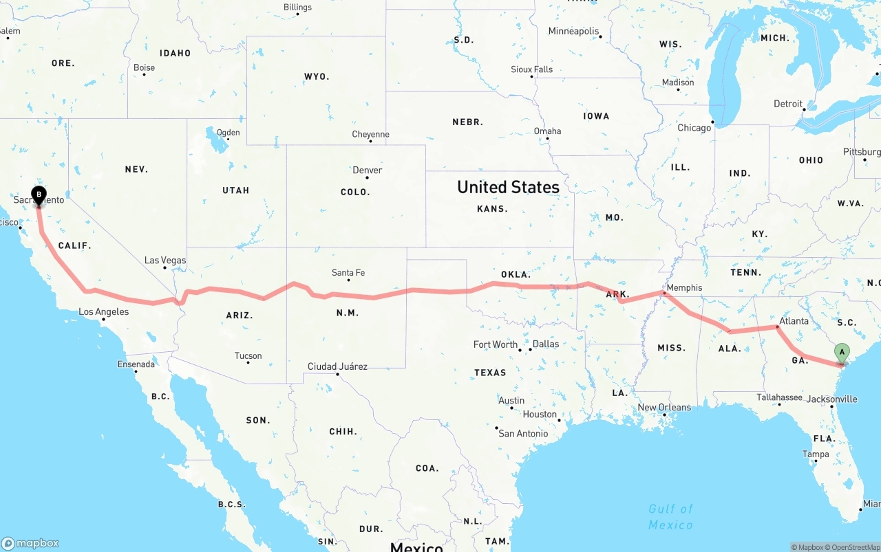 Shipping route from Port of Savannah to Sacramento
