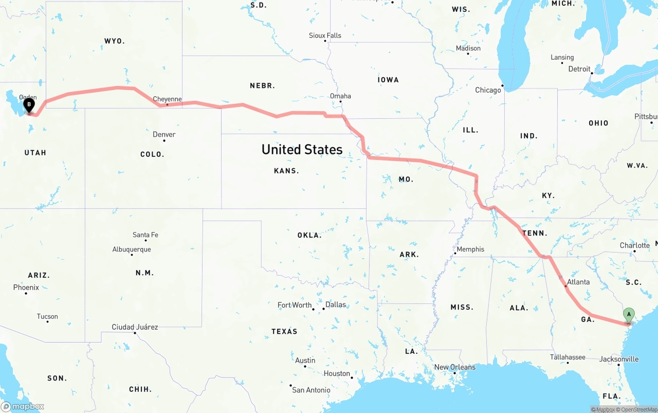 Shipping route from Port of Savannah to Salt Lake City