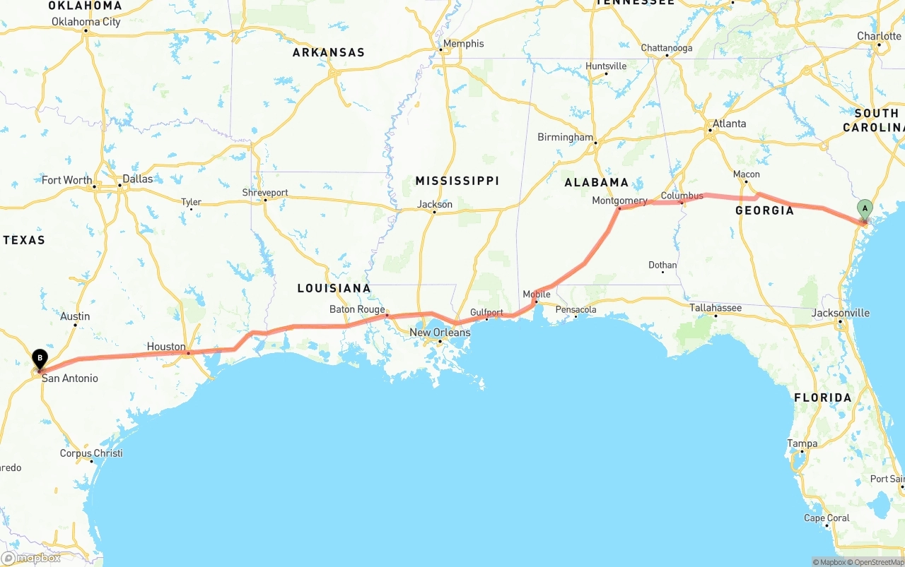 Shipping route from Port of Savannah to San Antonio