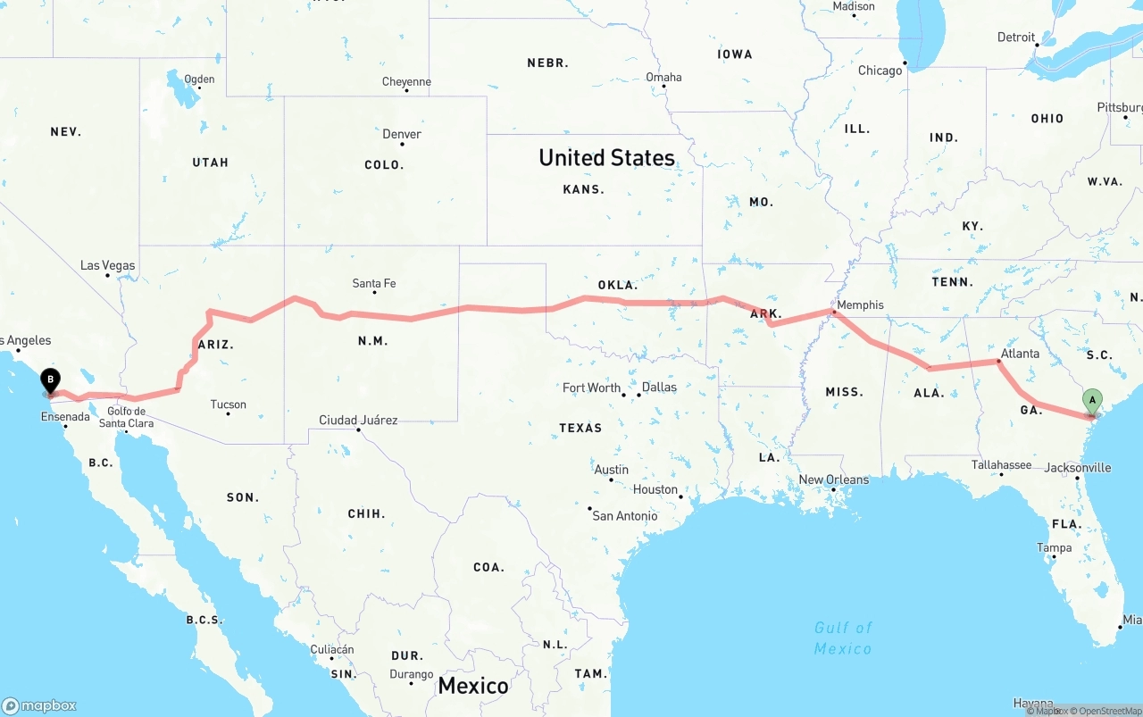 Shipping route from Port of Savannah to San Diego
