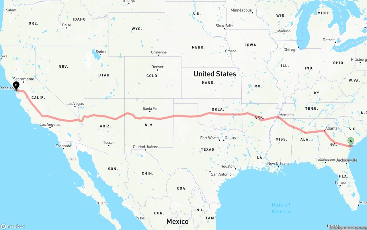 Shipping route from Port of Savannah to San Francisco