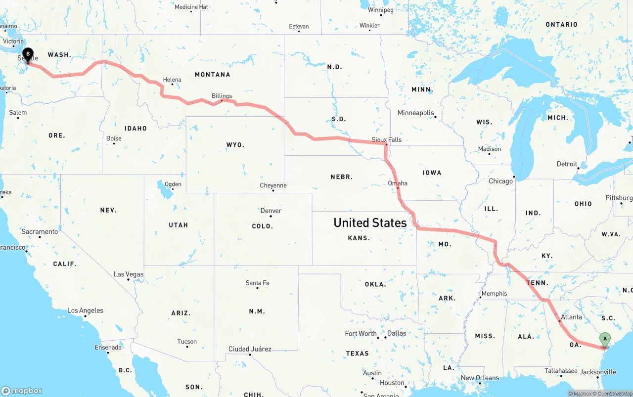 Shipping route from Port of Savannah to Seattle