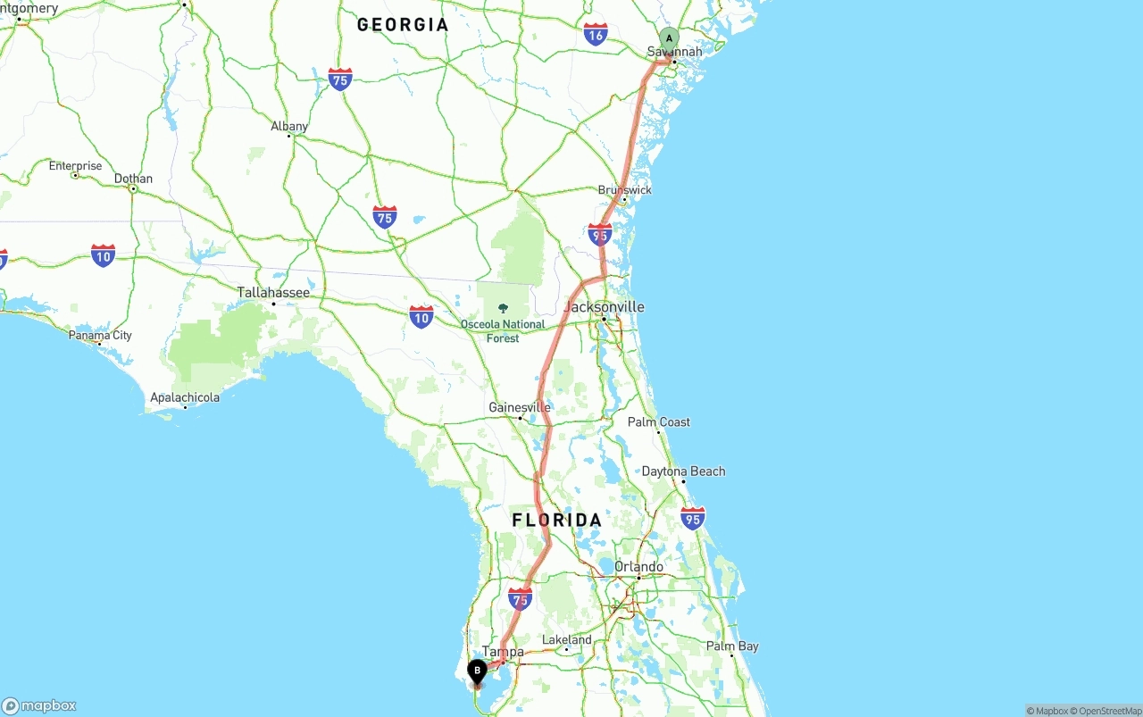 Shipping route from Port of Savannah to St. Petersburg