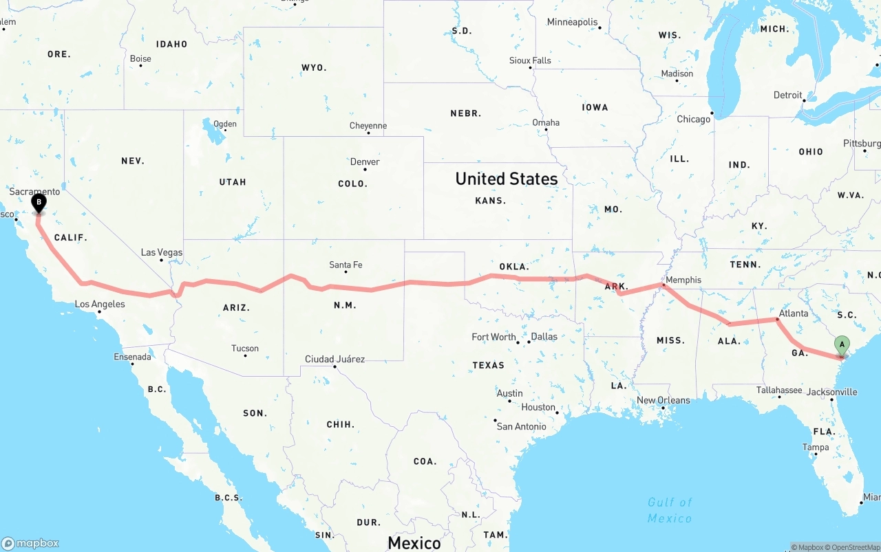 Shipping route from Port of Savannah to Stockton