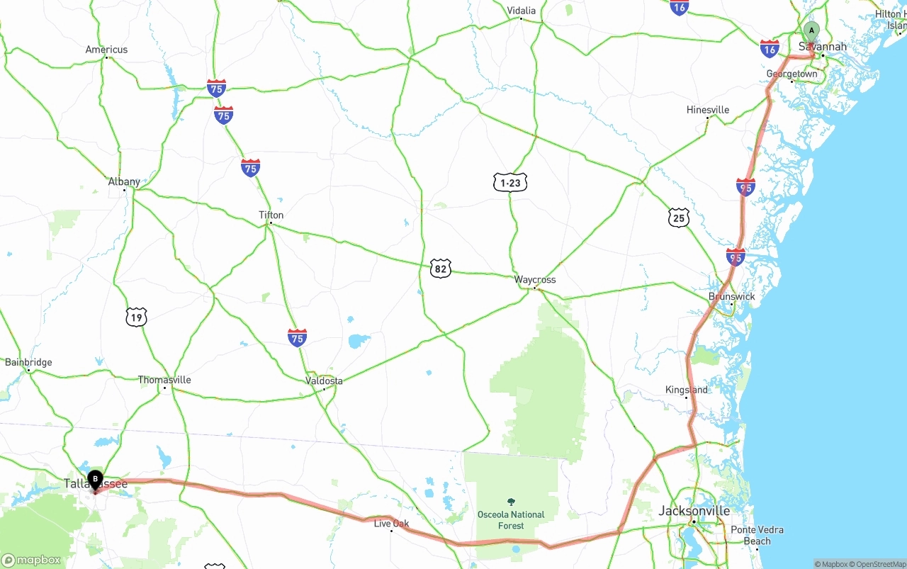 Shipping route from Port of Savannah to Tallahassee