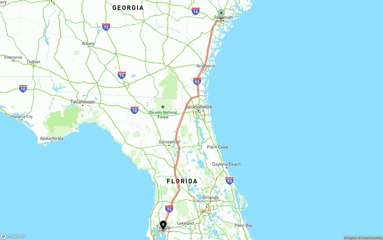 Shipping route from Port of Savannah to Tampa