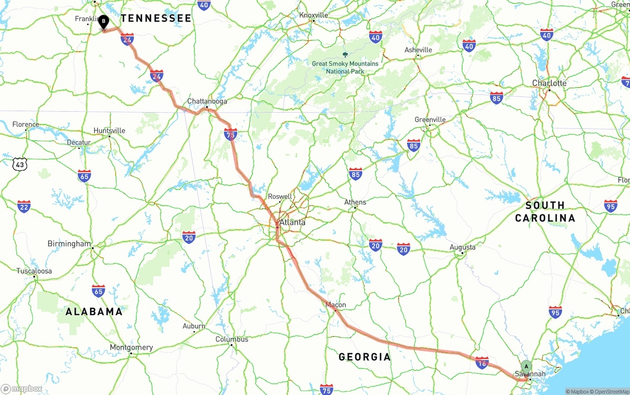 Shipping route from Port of Savannah to Tennessee