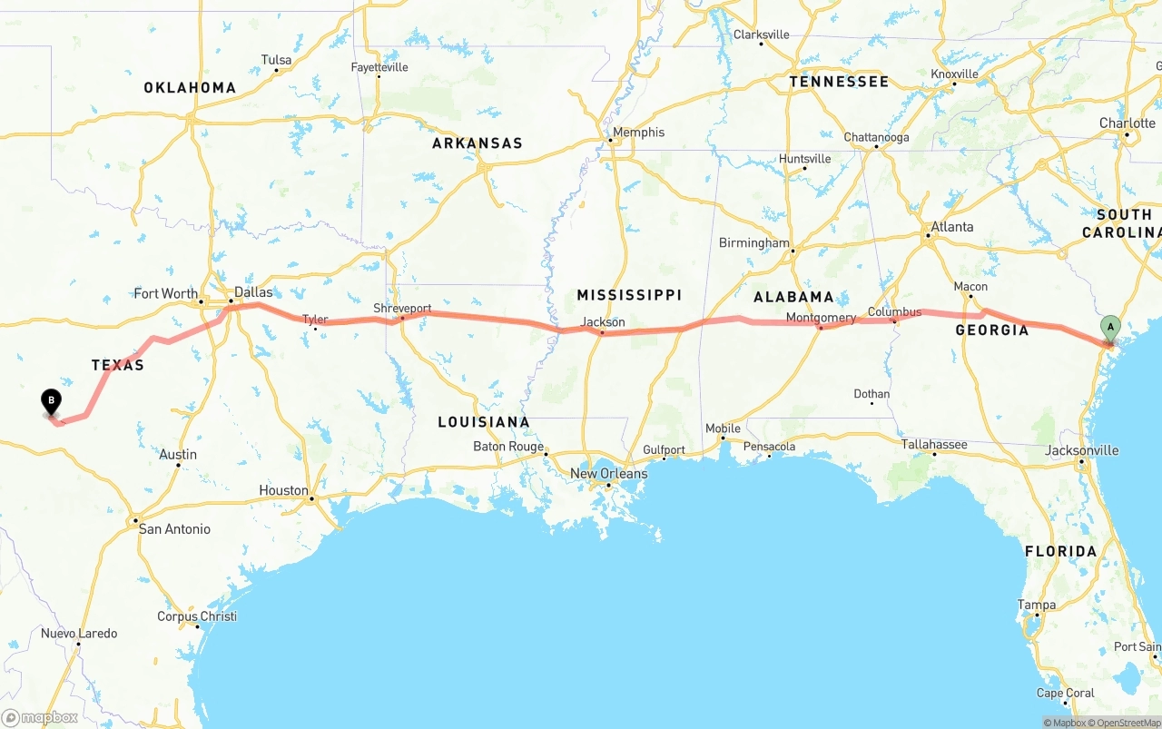 Shipping route from Port of Savannah to Texas