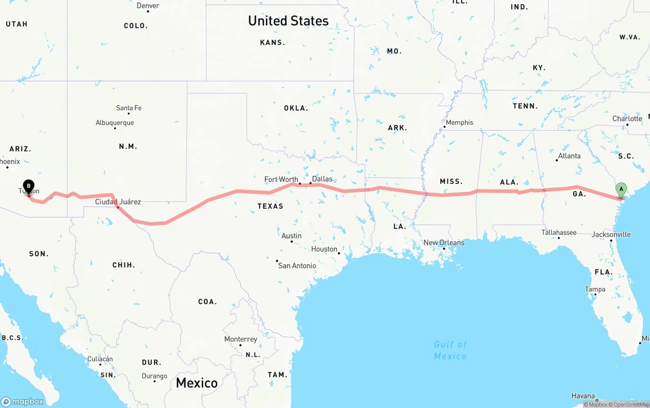 Shipping route from Port of Savannah to Tucson